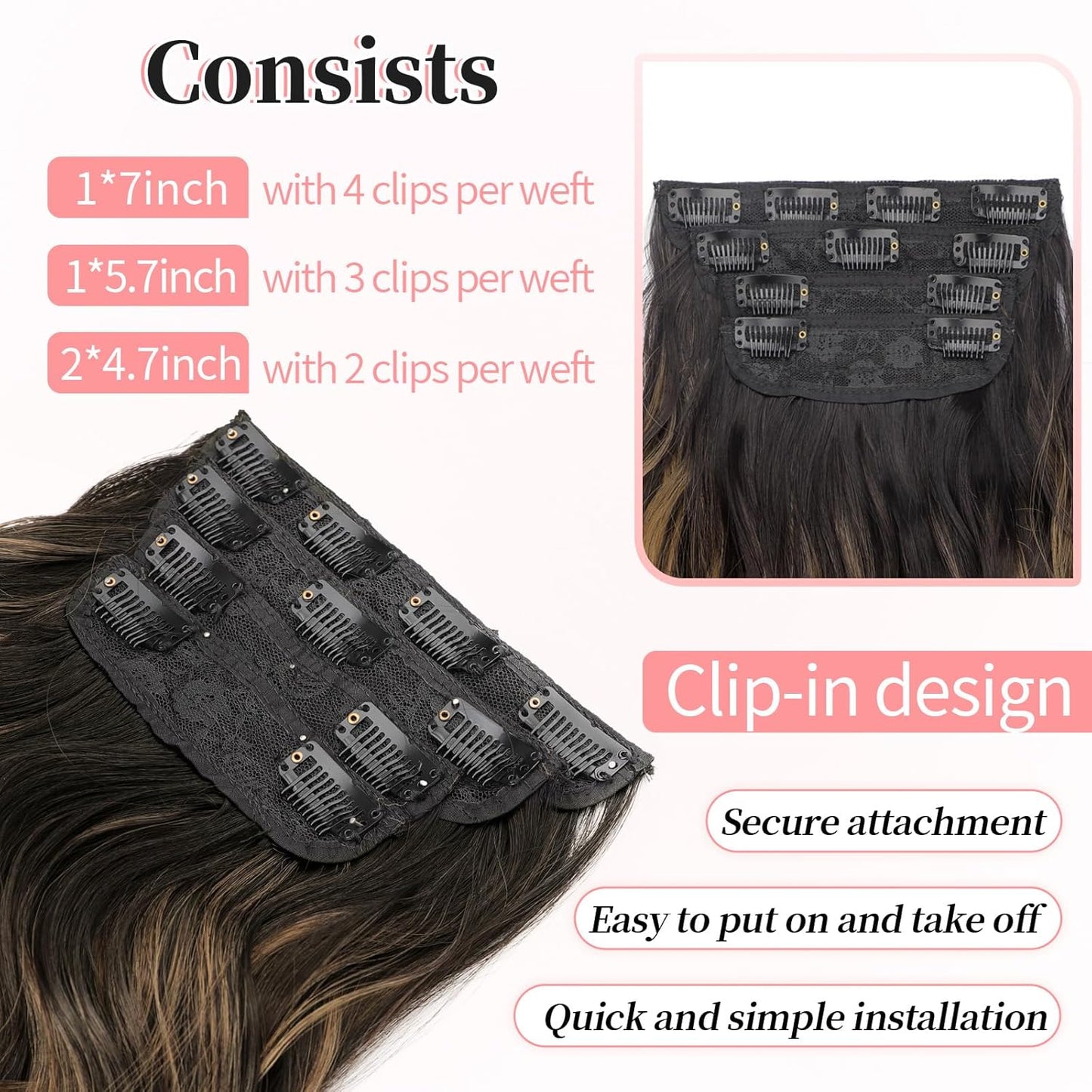 KooKaStyle Clip in Synthetic Hair Extensions Long Wavy 4PCS Black&Dark mix light brown Fiber Double Weft Natural Hair Extensions 20 Inch for Women