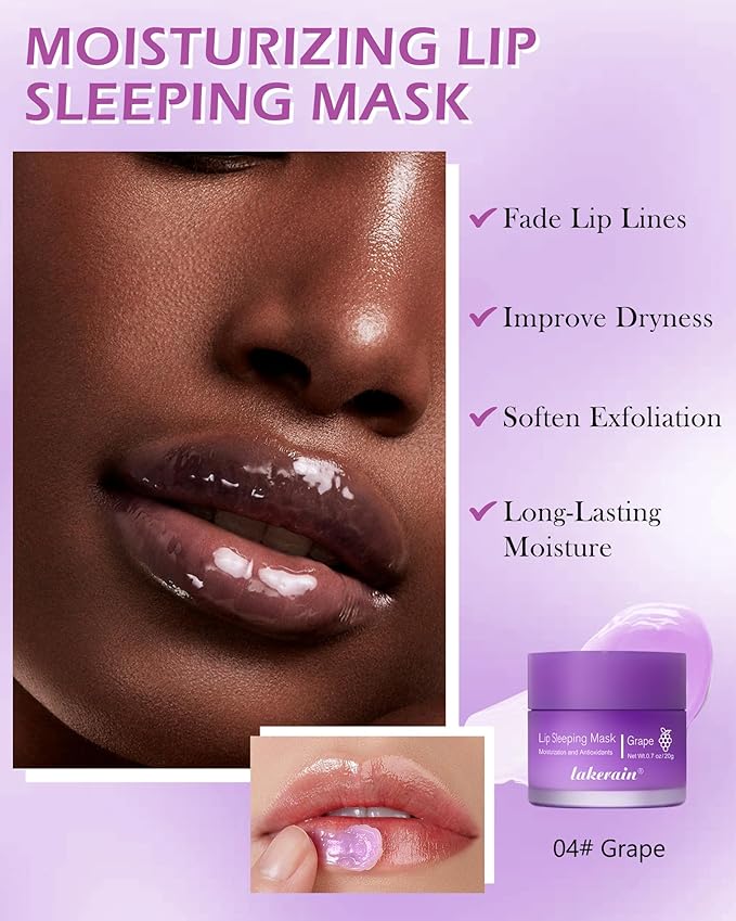 Sleeping Lip Mask, Overnight Hydrating & Prevention Dry and Cracked Lips Scrubs Exfoliator & Moisturizer, Ultra-Nourishing Lip Sleeping Mask with Wand, Lip Care Therapy Treatment for Women-04#Grape