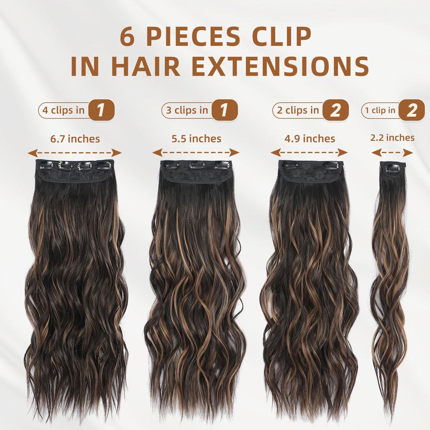 Clip in Hair Extensions, 6 PCS Natural & Soft Hair & Blends Well Hair Extensions, Dark Brown Long Wavy Hairpieces(24inch, 6pcs, Black with Brown Highlights)
