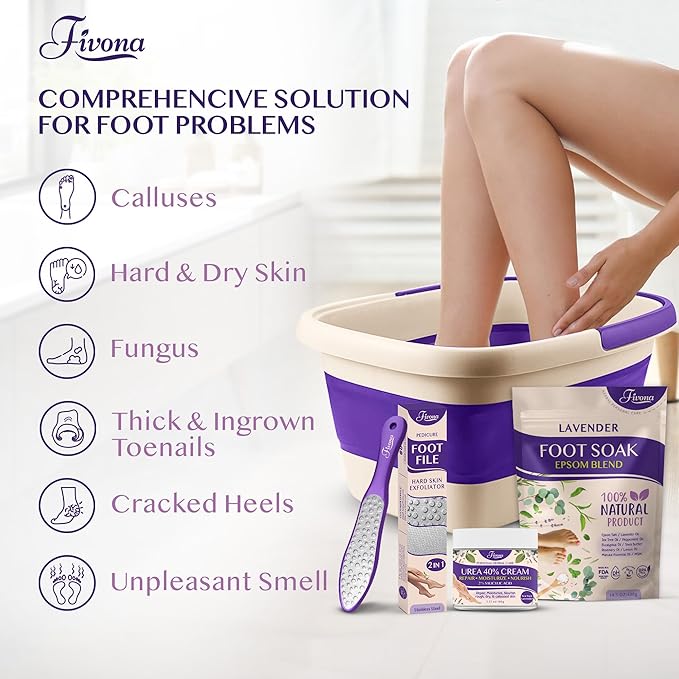 Fivona Foot Care Kit 4 in 1 - Foot Soak Blend with Epsom Salt, Lavender and Essential Oils - Collapsible Foot Soak Basin - 40% Urea Cream for Hard, Dry Skin - Dual Action Foot File