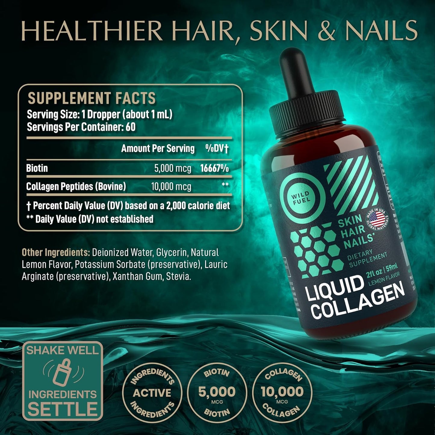 Liquid Collagen Peptides with Biotin Drops - 30,000mcg Collagen Liquid for Women and Men plus Biotin - Youthful Skin, Hair Growth, Strong Nails - Hair Vitamins for Hair Loss - Lemon Flavor - 2x2oz