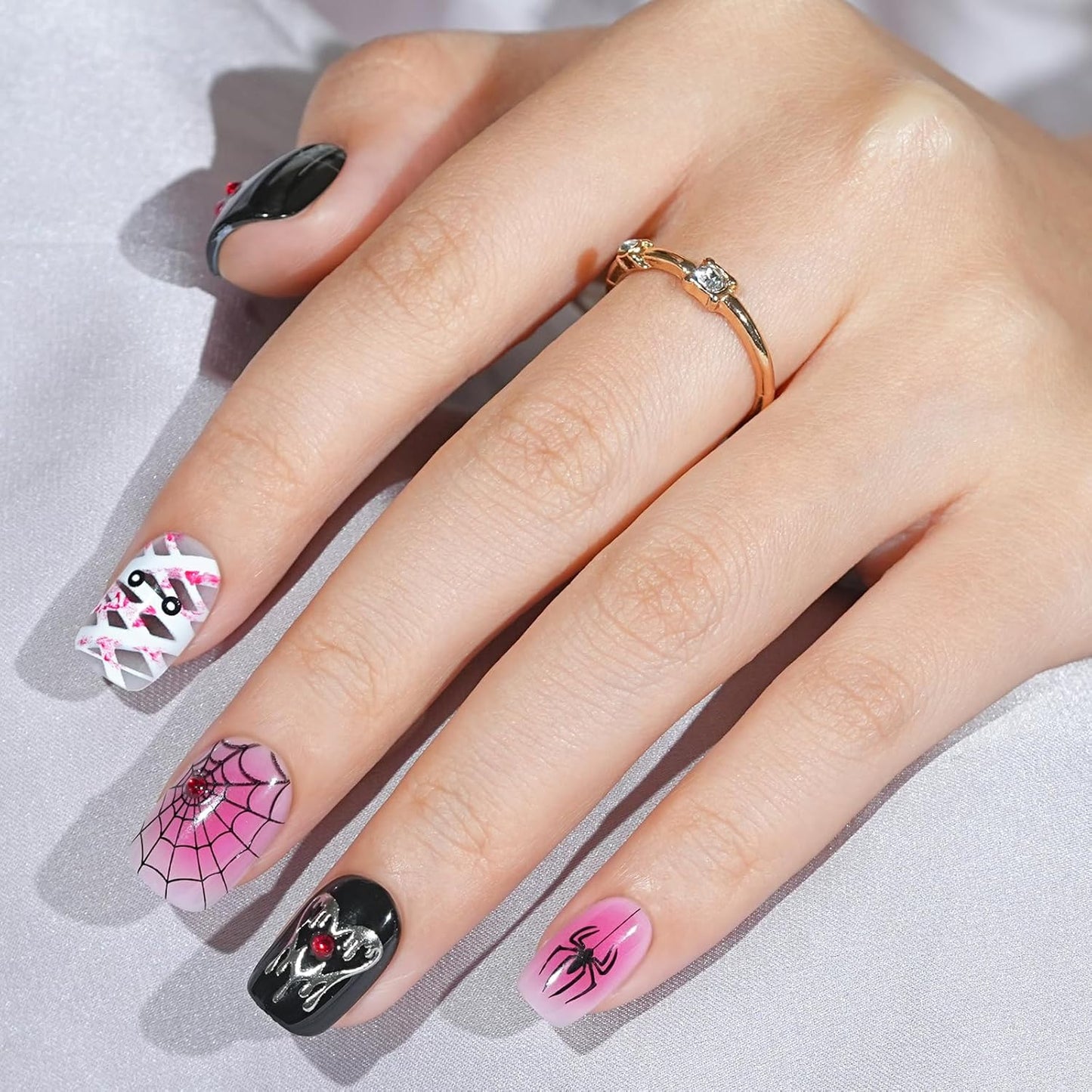 Halloween Press On Nails Short - Mummy’s Crypt, Black Pink Spider Web Nails of Halloween Nail Designs Acrylic Square Glue On Nails with Nail Glue, Stick On Nails in 16 Sizes - 32 PCS Soft Gel Kit