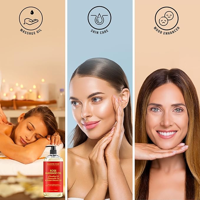 MAJESTIC PURE Rose Massage Oil - Hydrating, Calming, Warming, Relaxing & Rejuvenating Body Oil - Premium Grade, Made with Natural Oils - Skin Care for Men and Women - Made in USA - 8 fl oz