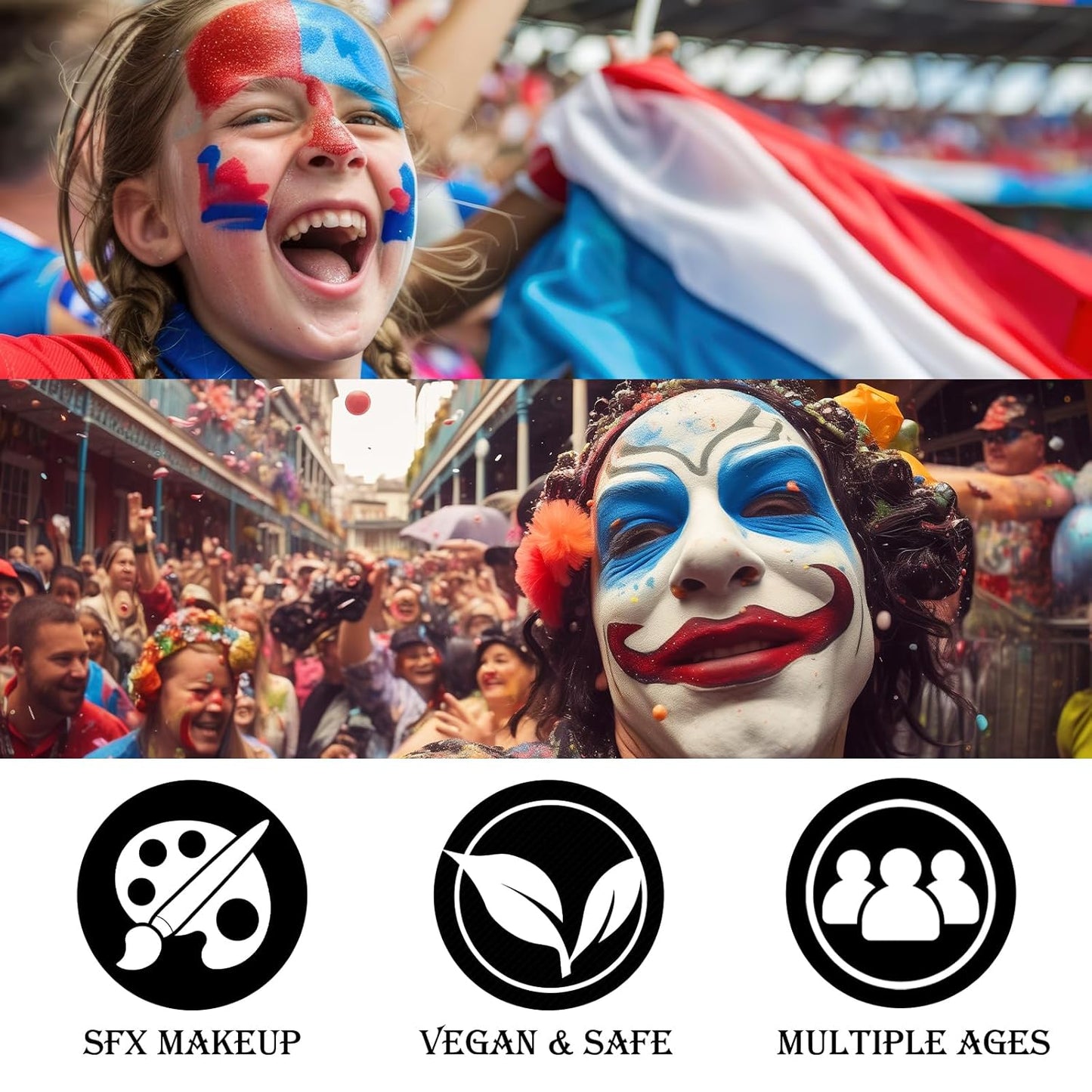 Red White and Blue Face Body Paint, Patriotic 4th/Fourth of July USA Themed Accessories for Women, Baseball Softball Eye-Black Sport, Halloween Face Make-up Kit for American Flag Clown Joker Costume