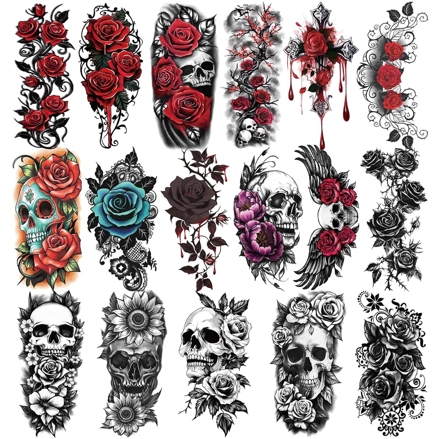 77 Sheets Flower Temporary Tattoos for Women, Weird Roses and Skulls Fake Tattoos, Waterproof Body Art Tattoo Stickers for Adults and Kids