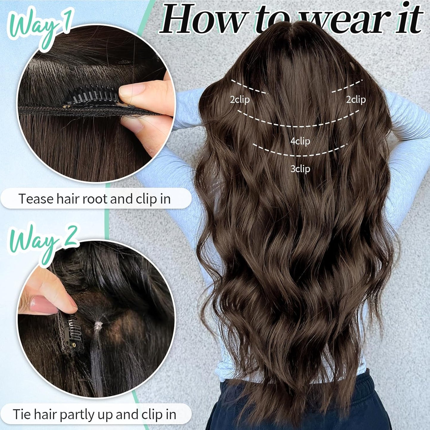 KooKaStyle Hair Extensions Long Wavy 4PCS Thick clip in hair extensions Hairpieces Chocolate Brown Fiber Double Weft Natural Synthetic Hair Extensions 24 Inch for Women