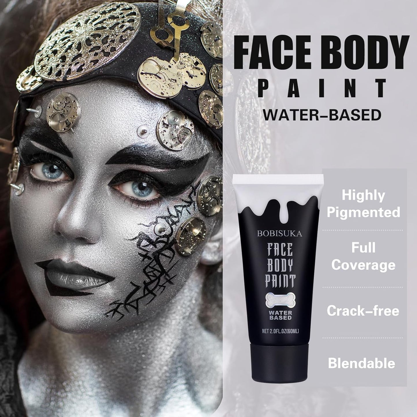 BOBISUKA Silver Face Body Paint, Water Based Face Painting for Art Theater Halloween Party Cosplay Clown SFX Makeup for Women Adults, Non-Toxic Washable