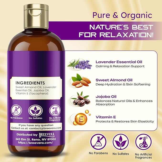 Massage Oil with Lavender & Sweet Almond Oils – Relieves Muscle Tension, Hydrates Skin, Promotes Relaxation & Well-Being, 100ml | 3.4 fl. oz.