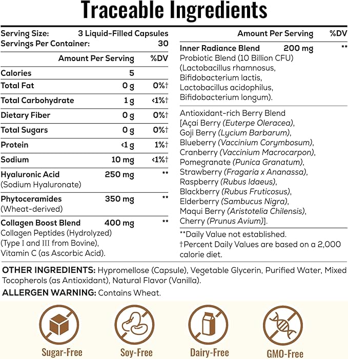 19-in-1 Hyaluronic Acid Capsules - Hylunaric Acid 1200 mg, with Collagen Peptides, Vitamin C, Phytoceramides - for Skin, Eyes, Gastrointestinal, Bones & Joint Lubrication (1 Pack)