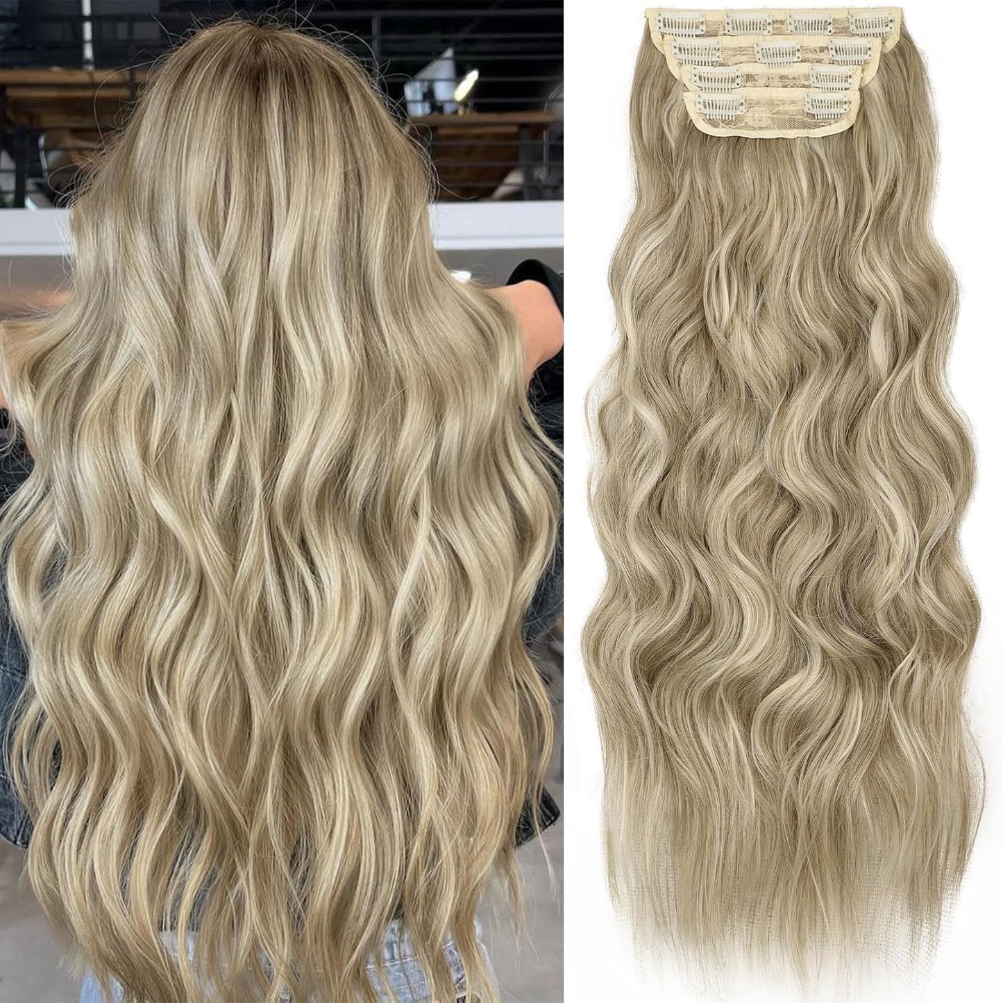 KooKaStyle Clip in Synthetic Highlight Hair Extensions Long Wavy 4PCS Thick Hairpieces Ashy Beige Blonde Balayage Fiber Double Weft Natural Hair Extensions 24 Inch for Women