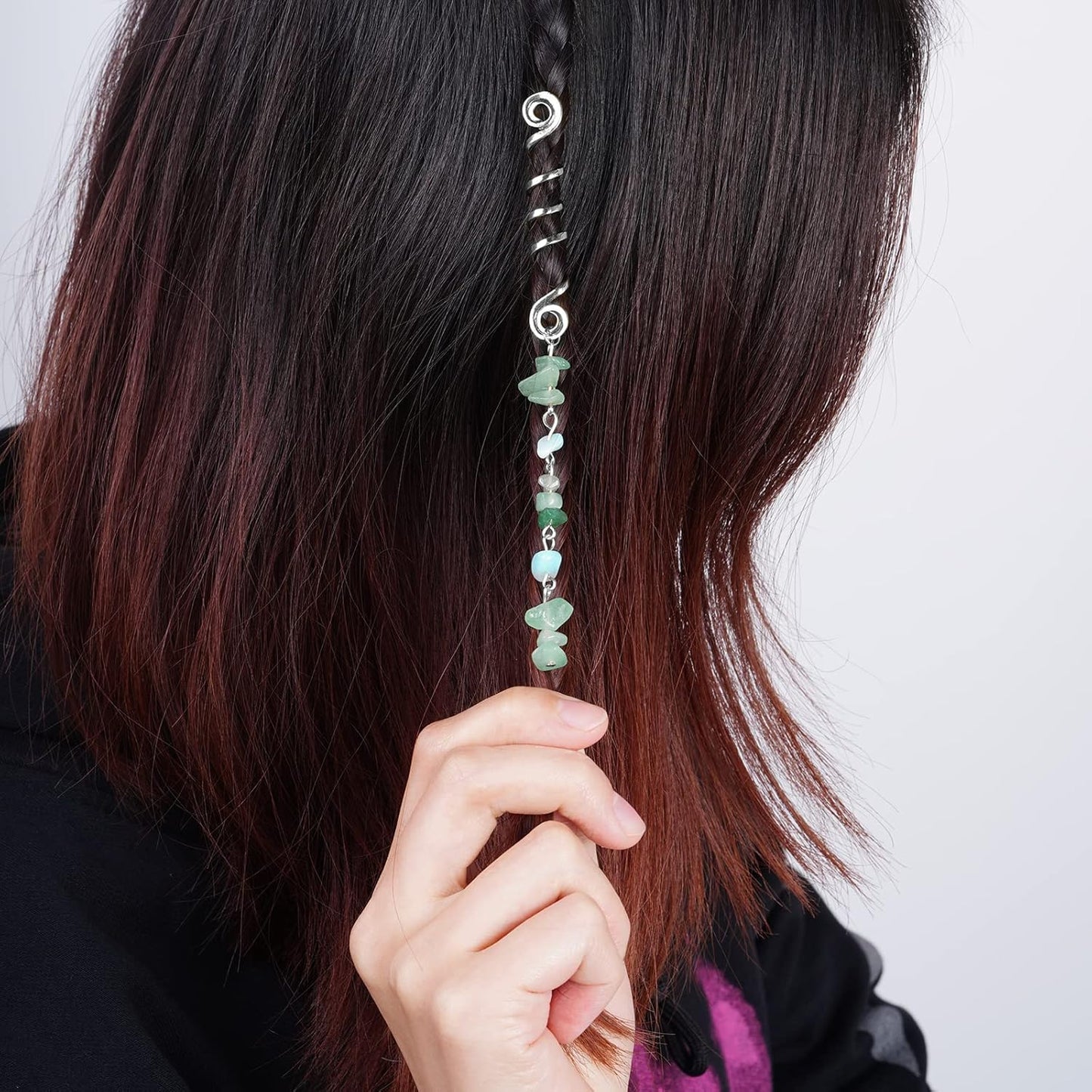 40Pcs Natural Colored Crystal Stone Hair Accessories, hoyuwak Metal Hair Charms, Silver Loc Dreadlock Spirals, Cuffs & Rings for Women's Hairstyles