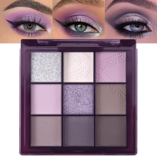 Erinde 9 Colors Eyeshadow Palette, Matte Shimmer Glitter Eye Shadow Palette Makeup, Highly Pigmented Long Lasting Waterproof, Natural Neutral Nude Eyeshadow Make Up Pallet, Purple Dreamscape