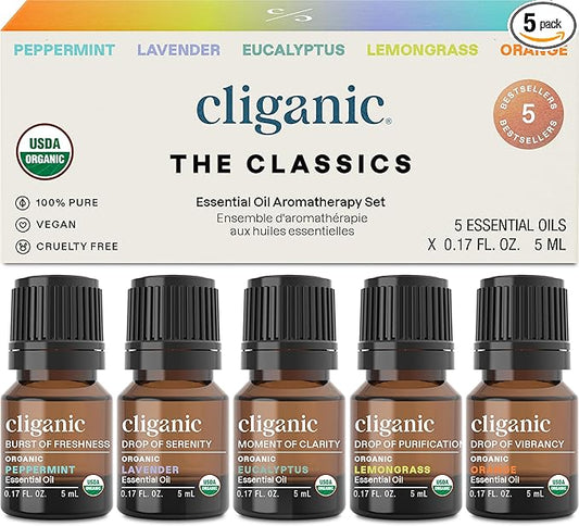 Cliganic Organic Essential Oils Set (Top 5 - The Classics) - 100% Pure Natural - Aromatherapy, Candle Making - Peppermint, Lavender, Eucalyptus, Lemongrass & Orange (Packaging May Vary)