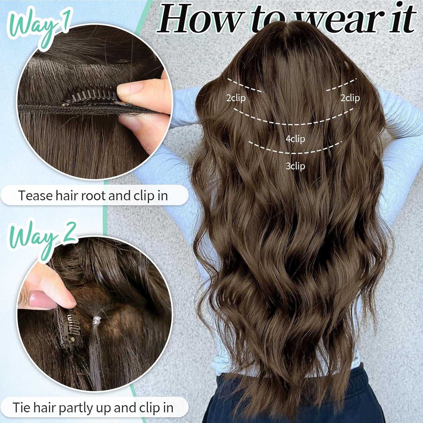 KooKaStyle Clip in Hair Extensions 4PCS Long Wavy Medium Brown Thick Hairpieces for Women Weft Natural Synthetic 20 Inch Daily Use