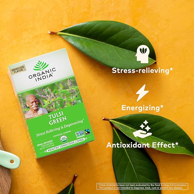 Organic India Tulsi Green Herbal Tea - Stress Relieving & Balancing, Immune Support, Adaptogen, Vegan, USDA Certified Organic, Caffeine-Free - 18 Infusion Bags, 6 Pack