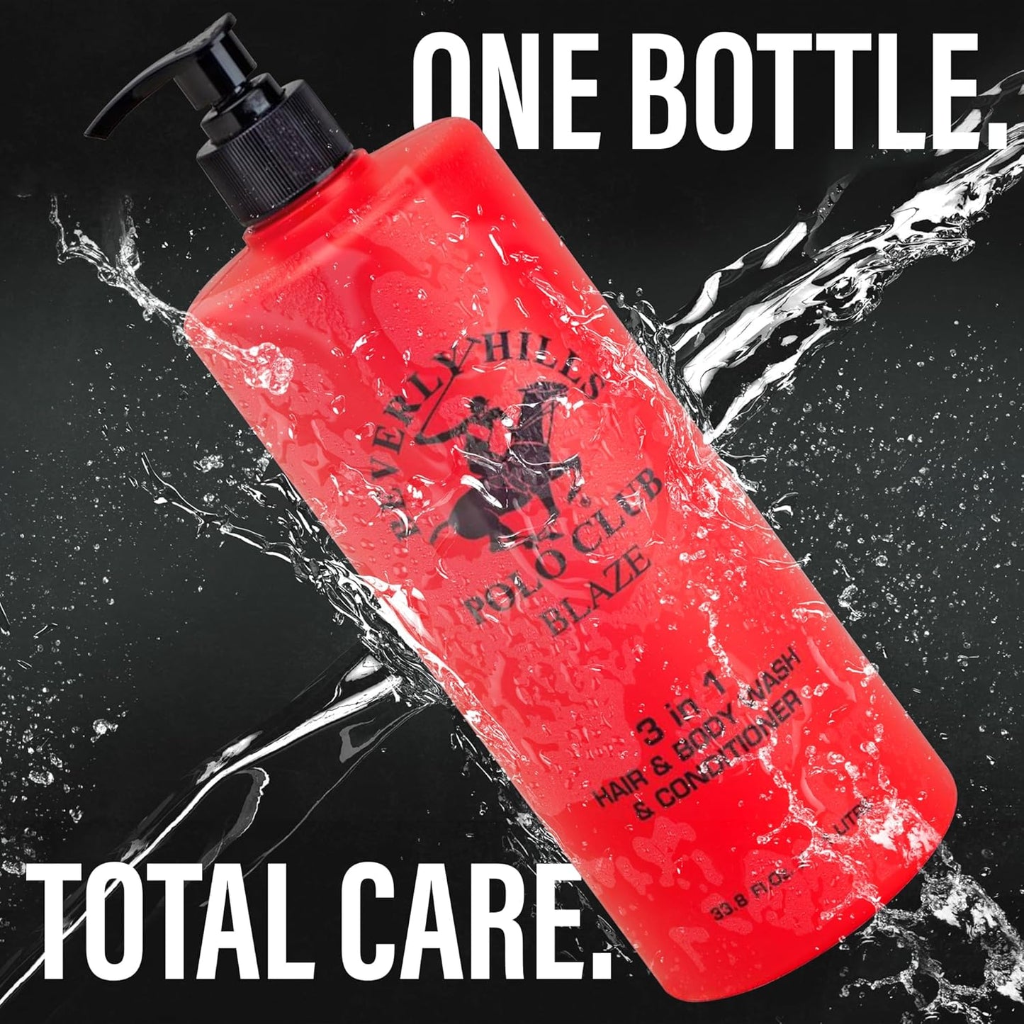 Beverly Hills Polo Club Men's 3-in-1 Shampoo Conditioner Body Wash | Blaze Scent | Premium All-Day Freshness & Invigorating Luxury Grooming | Large 33.8 fl oz Bottle