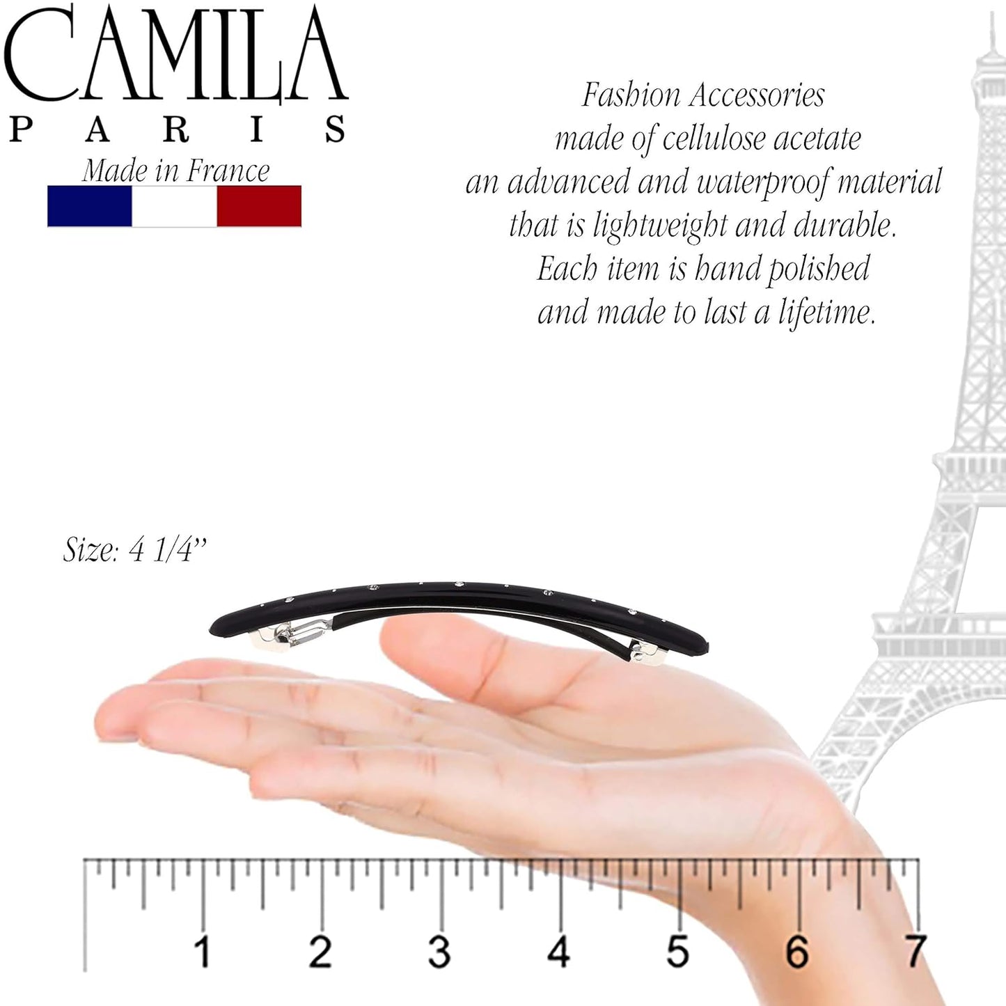 Camila Paris CP2851 French Hair Barrette Large Black, Long Skinny Strong Hold Grip Hair Clips for Women, Thin Rubberized Automatic Clasp No Slip Durable Styling Girls Hair Accessories, Made in France