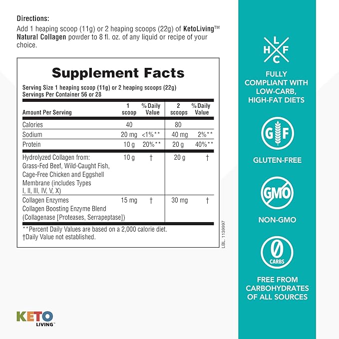 Natures Plus KetoLiving Natural Collagen, Unflavored - 1.36 lb Tub - Ketogenic Protein Powder - Supports Immune & Gut Health, Joint Mobility & Hair, Skin & Nails - Gluten-Free, Non-GMO - 28 Servings