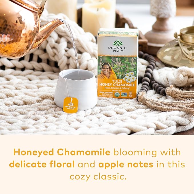 Organic India Tulsi Honey Chamomile Herbal Tea - Holy Basil, Stress Relieving & Calming, Immune Support, Adaptogen, Vegan, USDA Certified Organic, Caffeine-Free - 18 Infusion Bags, 1 Pack