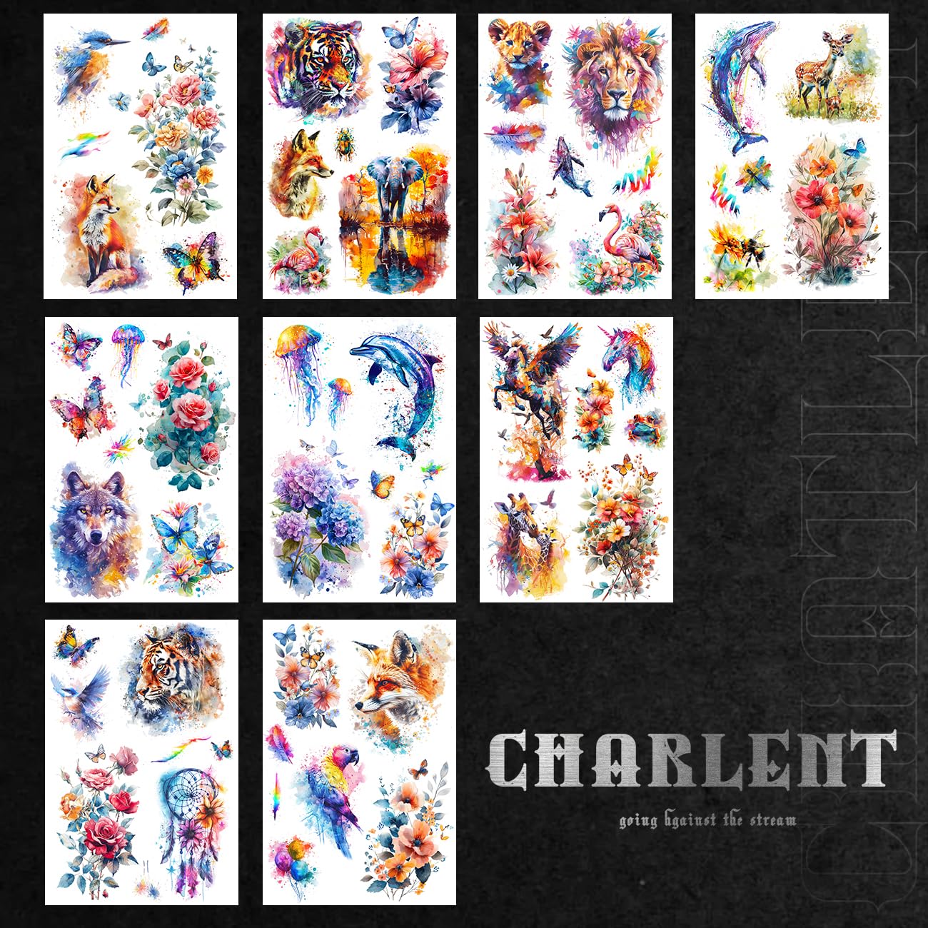 CHARLNET 3D Watercolor Temporary Tattoos For Women Men - 9 Sheets Large Realistic Watercolor Flower Lion Tiger Horse Tattoos for Adults Body Art/Long Lasting/Waterproof
