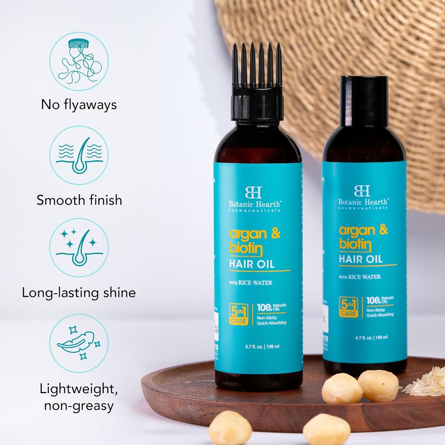 Botanic Hearth Argan & Biotin Oil to Tame Frizz and Add Shine (6.7 fl oz)|Nourishing And Strengthening Hair Treatment For Thicker, Healthier|Looking Hair | Paraben Free | Suitable For All Hair Types