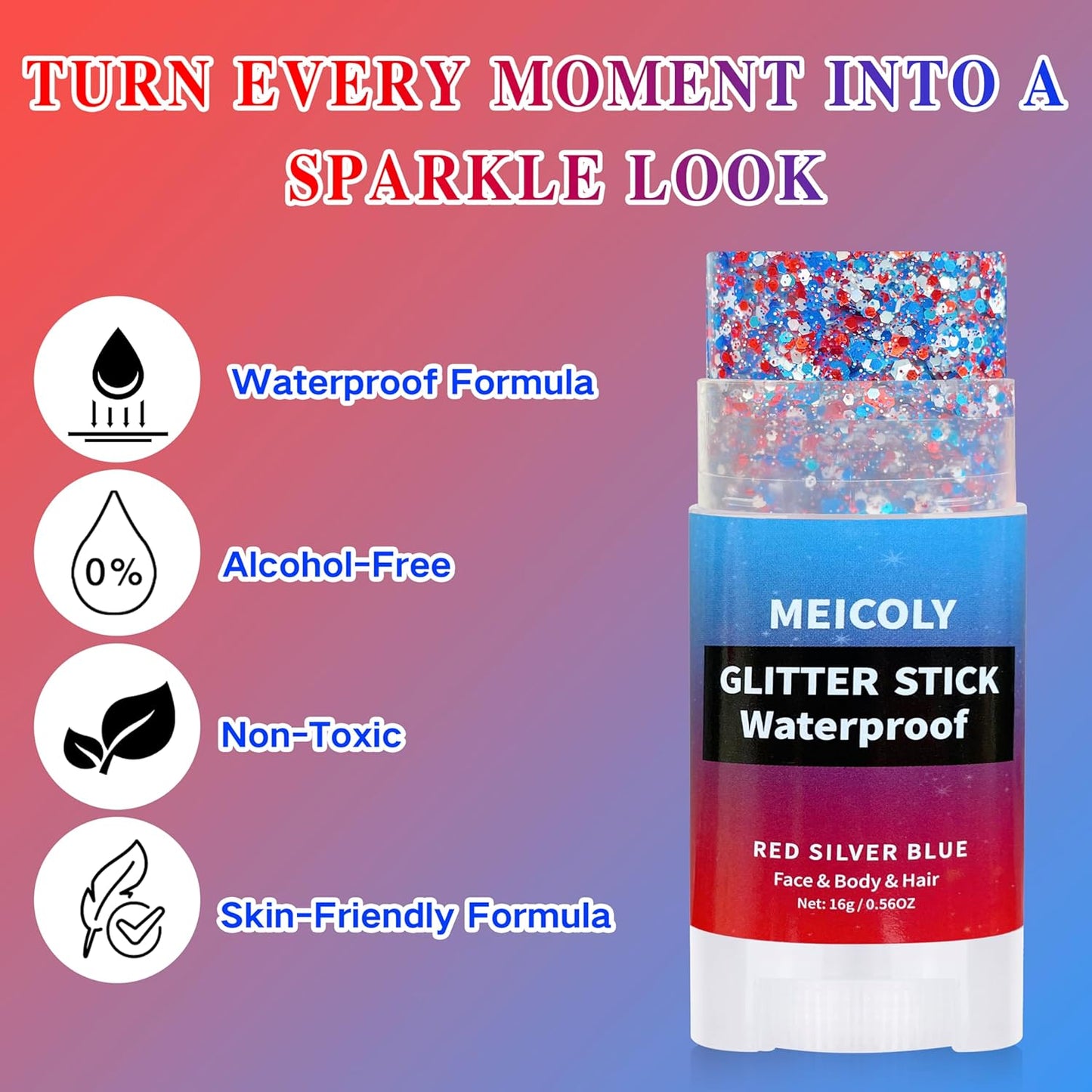 MEICOLY Red White and Blue Face Body Glitter Stick,Hair Glitter Stick for Kids and Women,Sparkle Patriotic Pride Chunky Glitter Makeup for Memorial Day,4th of July Accessories Outfits for Women