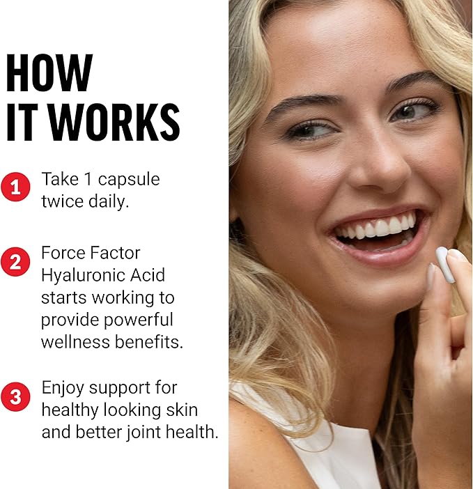 FORCE FACTOR Hyaluronic Acid Supplements, Hyaluronic Acid Capsules for Joint Health and Skin Hydration, Joint Health Supplement for Women and Men, High Potency, Vegan, 60 Capsules