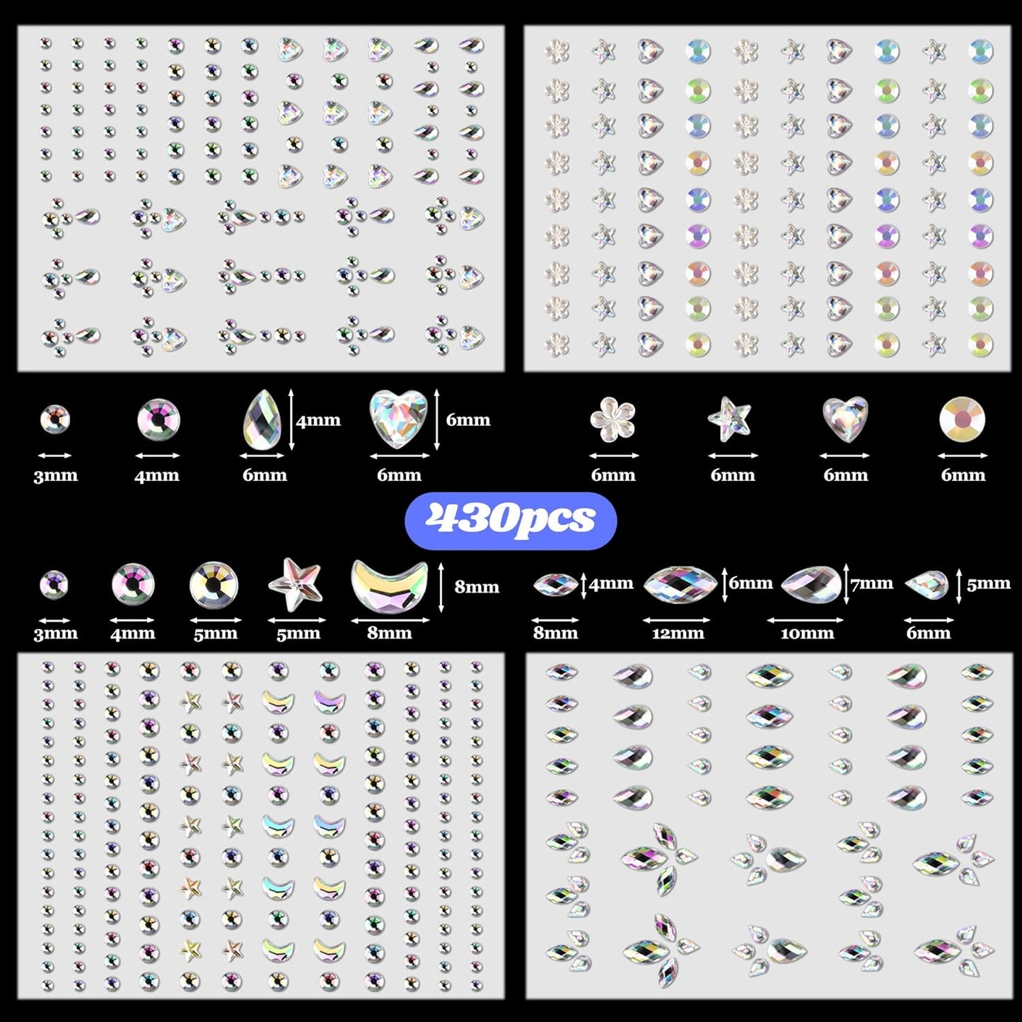 Body Glitter and Face Gems, Face Glitter and Hair Gems, Rhinestone Stickers for Makeup, Mardi Gras, Festival, Rave Accessories, Kids, Women, White