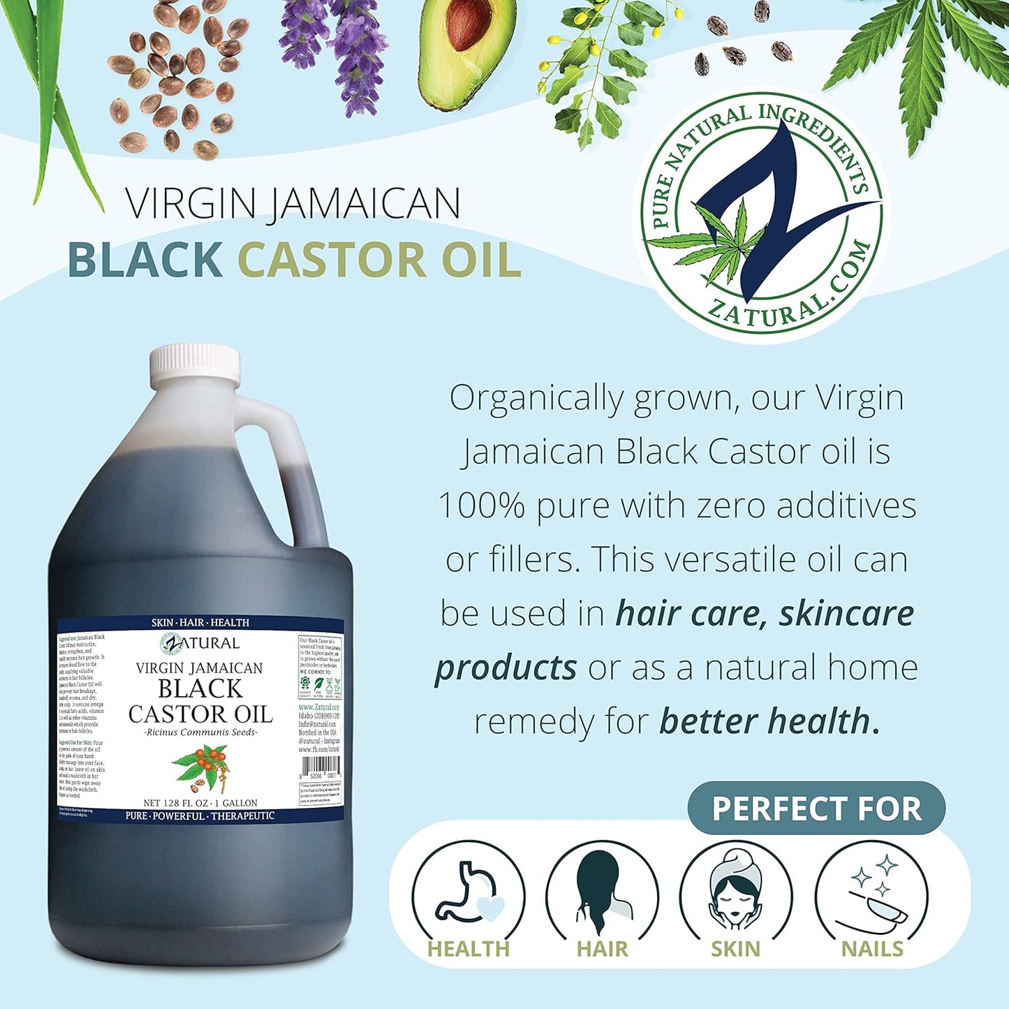 Zatural Black Castor Oil_100% Pure Tropic Jamaican Black Castor Oil (1 Gallon)
