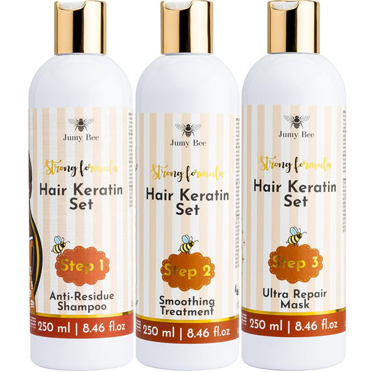 Brazilian Keratin Treatment Kit – JumyBee 3 Steps 8.46 fl oz | Formaldehyde-Free At Home Hair Straightening & Smoothing System |Keratina para Alisar el Pelo | Anti-Frizz Repair Mask & Shampoo