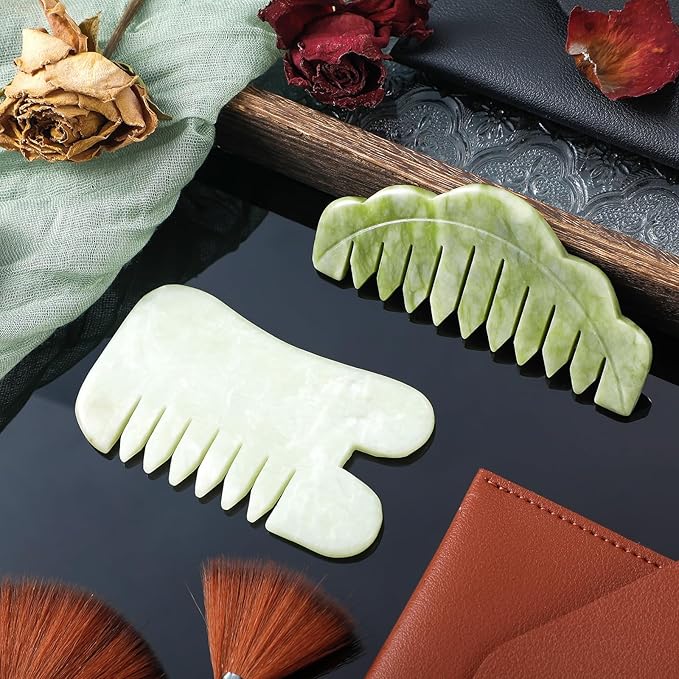 Geiserailie 2 Pieces Jade Combs Massage Stone Hair Gua Sha Scraping Scalp Comb Facial Massage Tool Multifunctional Handheld Head Tools Head Caring Therapy Mother's Day Gift(Chic Style)