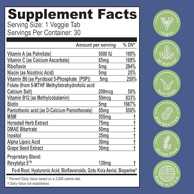 Biotin (Biotina Vitaminas) - Hair Skin Nails Vitamins for Women & Men - 5000 mcg - Hair Growth Support Supplements - 90 Tablets - with Revytalyz 5, Vitamin A, C, B12 - Made in USA