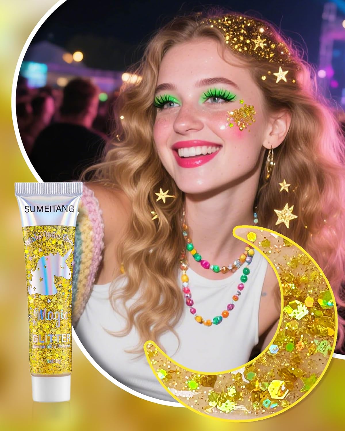 6PCS Gold Face Body Glitter Gel，Holographic Chunky Sequins Body Glitter Paint for Party Singer Concerts Music Festival Rave Accessories for Girls Women Face Body DIY Sparkling Makeup