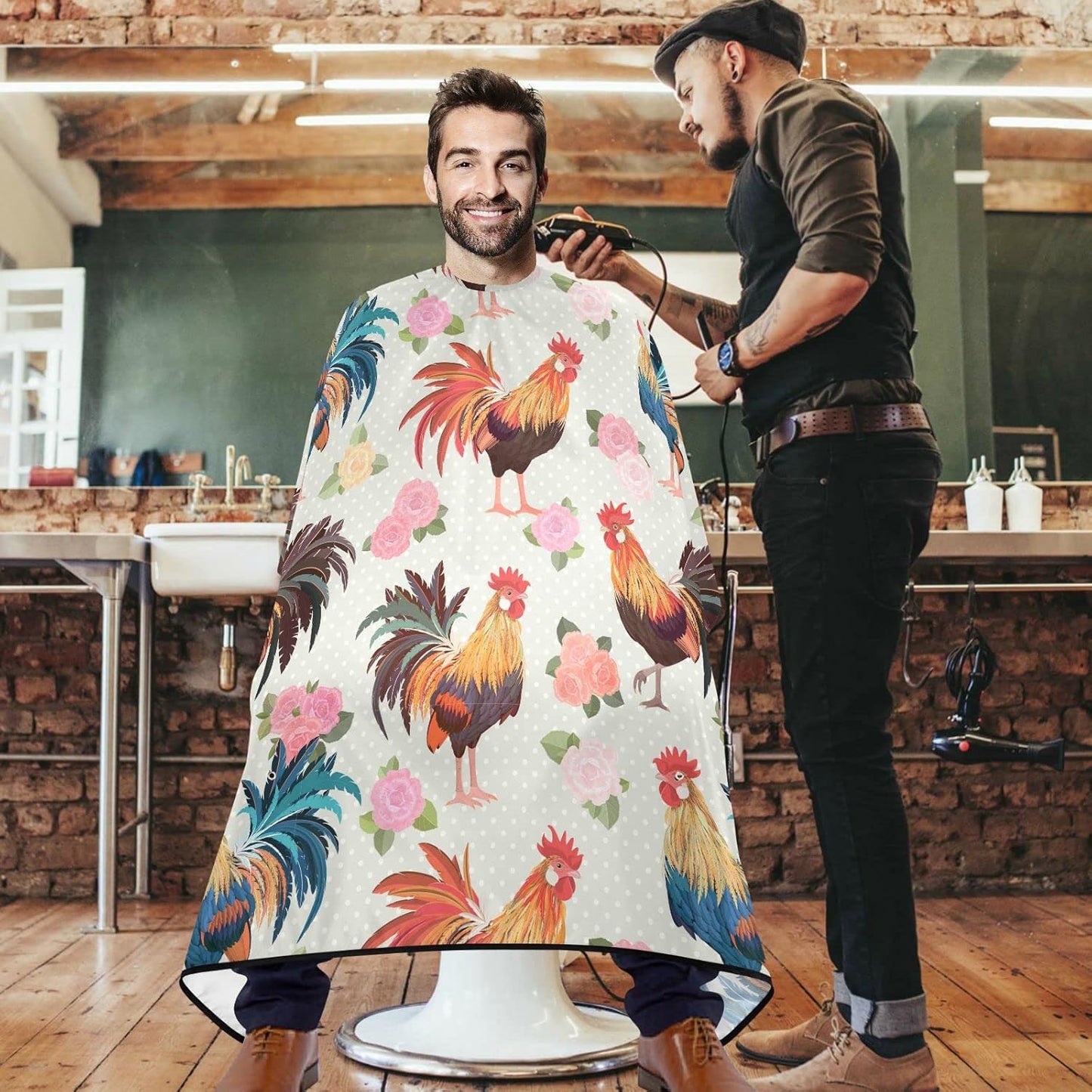 visesunny Barber Cape Cute Rooster Rose Polyester Hair Cutting Salon Cape Apron Anti-Static Haircut Water-Resistant Shaving Cloth Beard Shaving Bib Hairdressing Cape