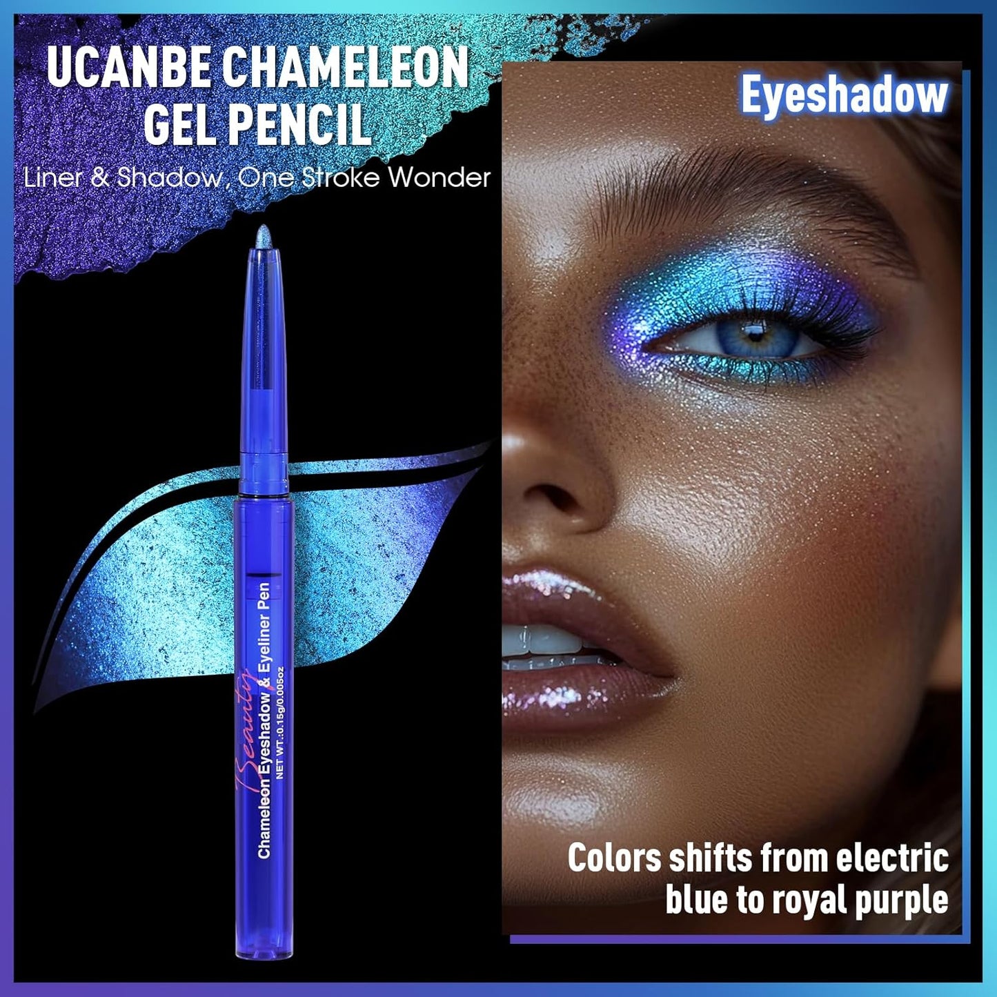 UCANBE Chameleon Eyeshadow & Eyeliner Gel Pencil - Multichrome Shifting Colors Metallic Glitter Eye Makeup,Waterproof Long-Lasting Smudge-Proof Multi-Dimensional Color (Electric Blue to Royal Purple)