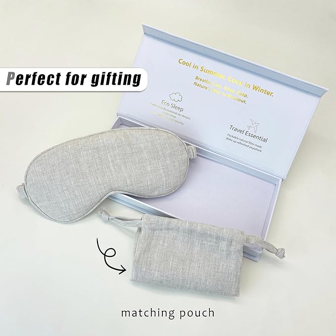 Pure Linen Eye Mask, 100% Linen Eye Mask for Girls,Travel Breathable Sleep Mask,Adjustable Strap, Hypoallergenic, Cooling with Travel Bag Gift Package(Navy)