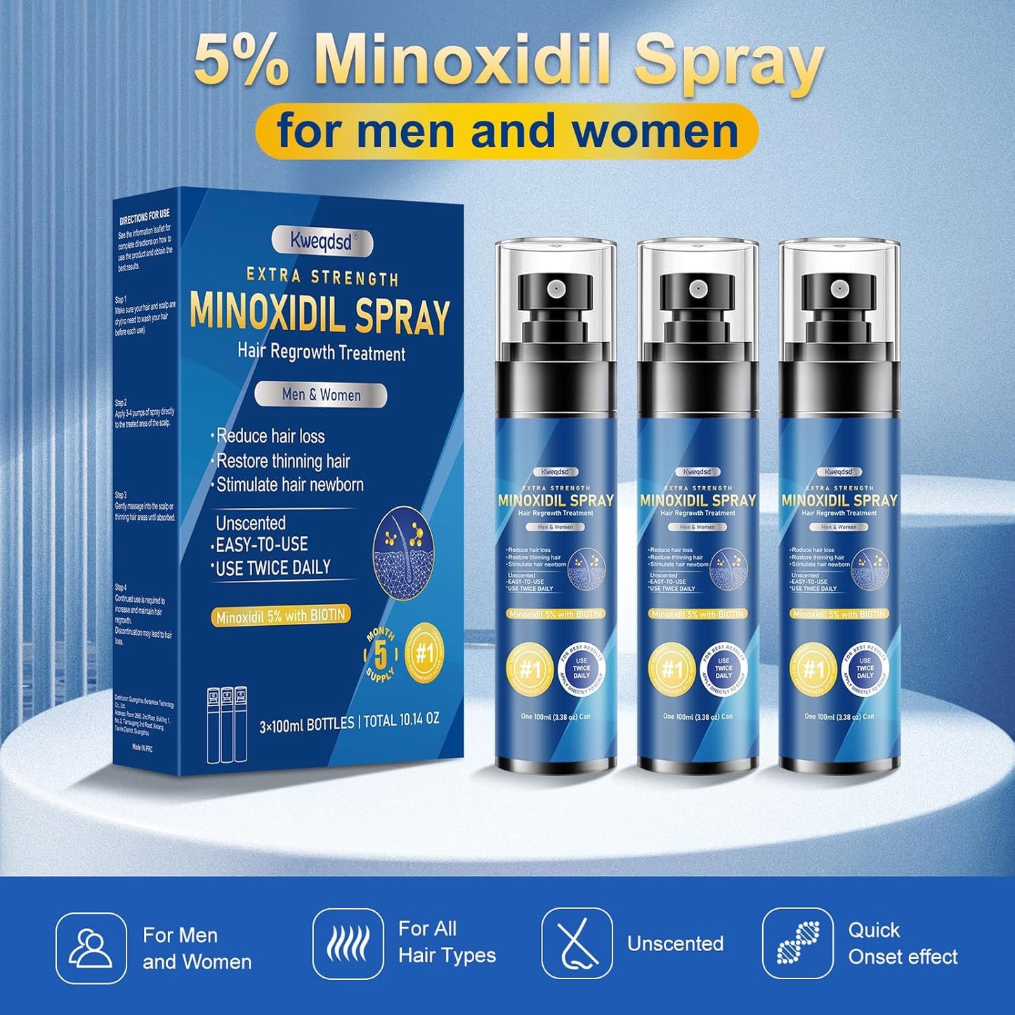 5% Minoxidil Spray for men-6 pack， Infused with Biotin, Hair Growth Treatment, Supports Thicker and Fuller Hair & Beard (21oz, 10 Month Supply)