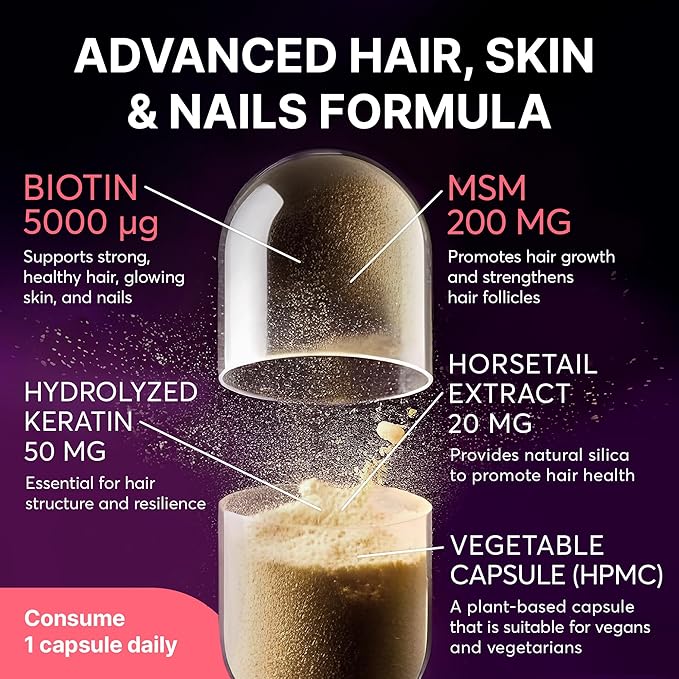 Hair Vitamin Complex with Biotin 5000mcg, Keratin, Selen, Zink | Hair Growth Supplement with Vitamin A, C, D, E, B12 | Hair, Skin & Nail Support Supplement for Women & Men | 60 Capsules