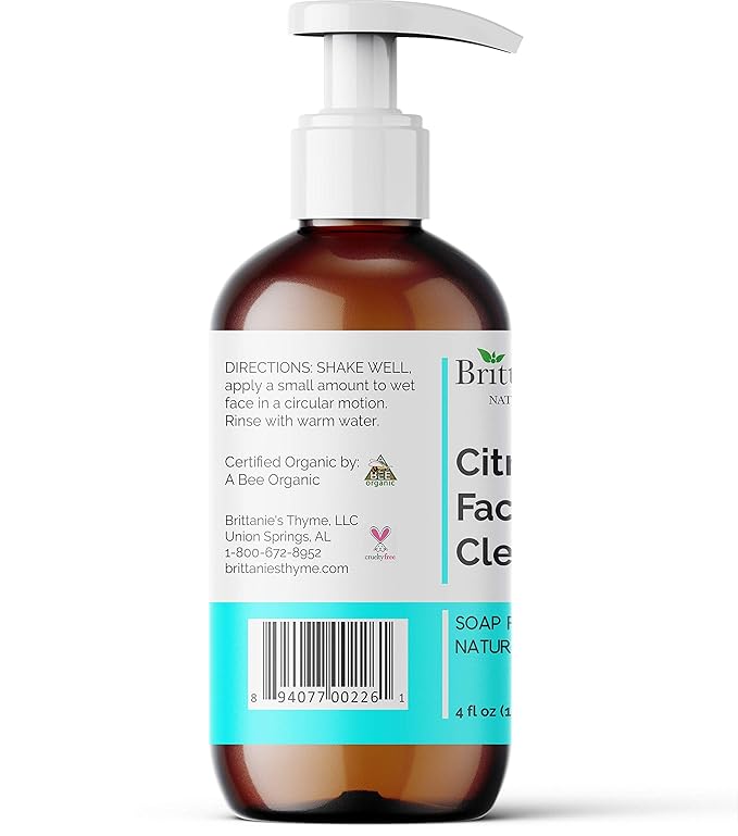 Organic Citrus Facial Cleanser Wash, 4 oz | 100% Natural, Skin Clearing Soap, Anti Blemish, Fights Acne, Non Drying, Non Oily. No Harmful Chemicals. For Women and Men.