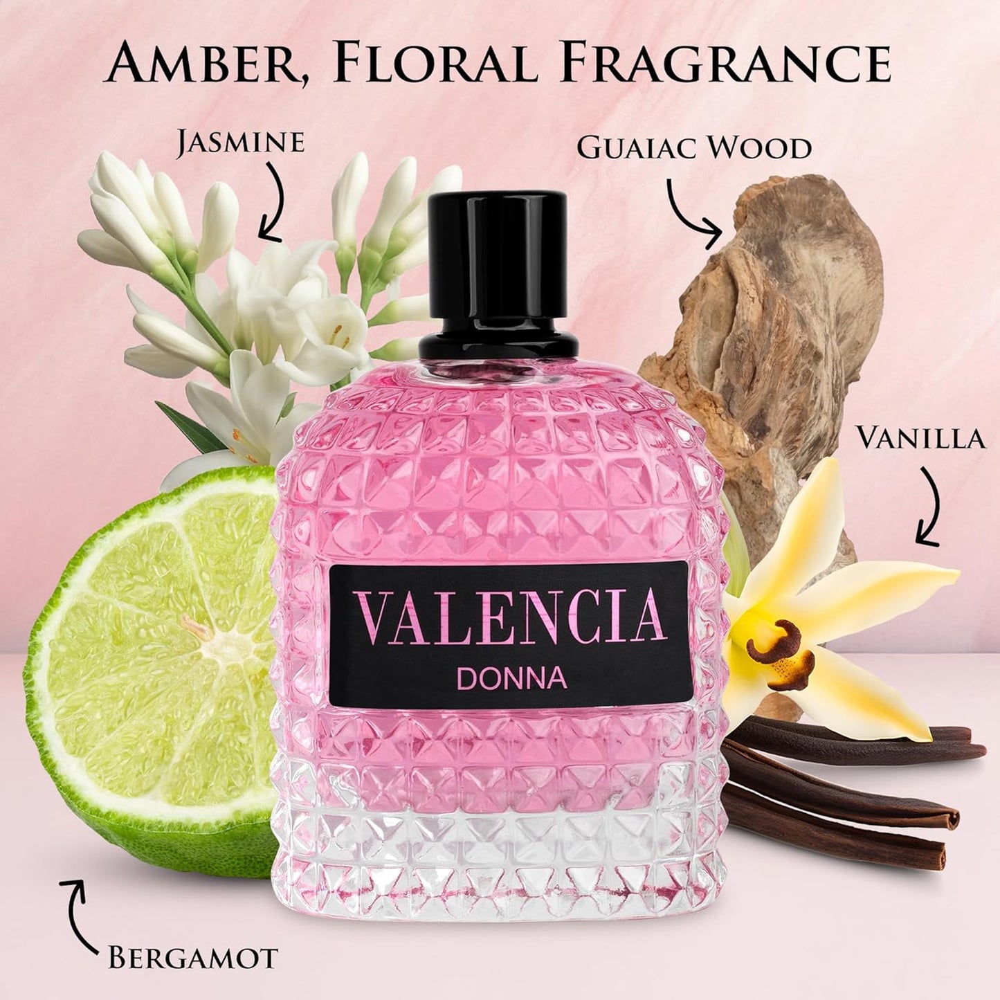 NovoGlow Valencia Donna for Women Eau De Parfum - Amber Floral Jasmine, Bourbon Vanilla & Woods Oriental-Floral Fragrance with a Modern Twist Elegant 100ml Bottle Packed in Paper Box