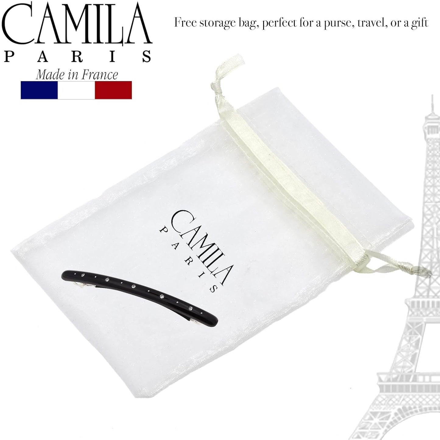 Camila Paris CP2851 French Hair Barrette Large Black, Long Skinny Strong Hold Grip Hair Clips for Women, Thin Rubberized Automatic Clasp No Slip Durable Styling Girls Hair Accessories, Made in France