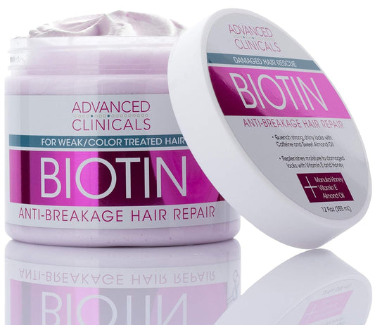 Advanced Clinicals Biotin Hair Treatment Anti-Breakage Repair Hair Mask. Strengthen Broken, Color-Treated Hair W/Repairing Deep Conditioner Manuka Honey & Caffeine, Hydrating Mask Restores Weak Hair