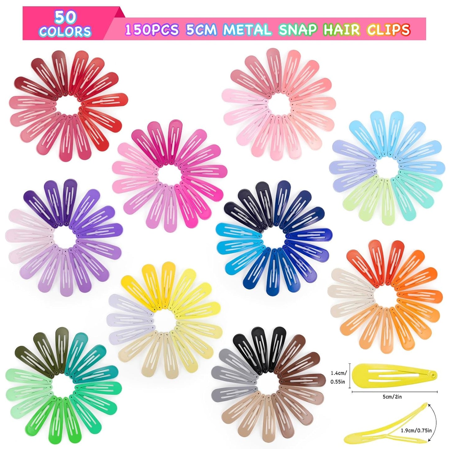 150pcs Hair Clips, 50 Colors Hair Barrettes for Girls, Funtopia 2 Inch Colorful Snap Hair Clips with Storage Case, Non Slip Metal Barrettes for Women Girls Toddler Kids Teens