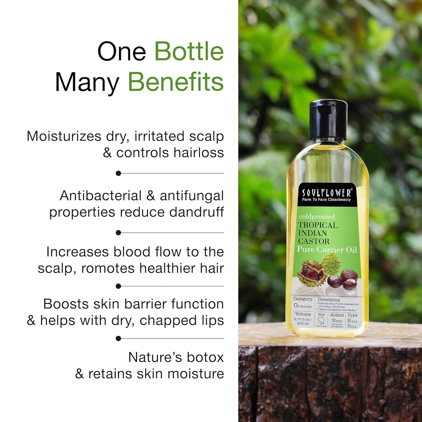 Soulflower Organic Castor Oil, For Thicker & Voluminous Hair, Eyebrows & Eyelashes, 100% Pure, Natural, Cold Pressed, Organic Certified - 6.77 Fl Oz