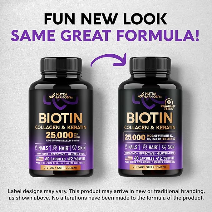 Biotin | Collagen | Keratin - Clinically Tested Supplement - Hair Growth Support, Skin & Nails - 25000 mcg Vitamins B2, B3, B6 & B7 + B1 & Hyaluronic Acid - Made in USA - Women & Men | 60 Capsules