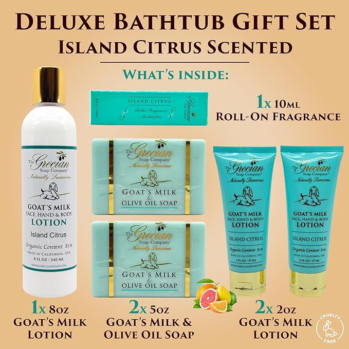 Deluxe Bathtub Gift Set, 6pcs Goat Milk & Olive Oil Skin Care Set, Birthday Gifts for Women, Bridal Shower Gifts, Gifts for Mom, Island Citrus Scent, Handmade in the USA