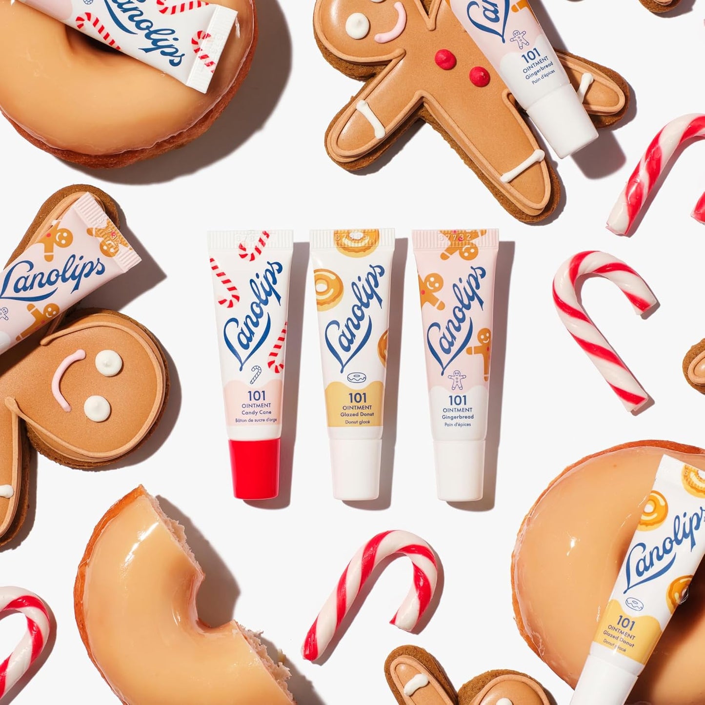 Lanolips Holiday Mini Bites Gift Set - Includes 101 Ointment Lanolin Lip Balm in Candy Cane, Glazed Donut & Gingerbread - Limited Edition Lanolin Holiday Gifts (3 Pieces)