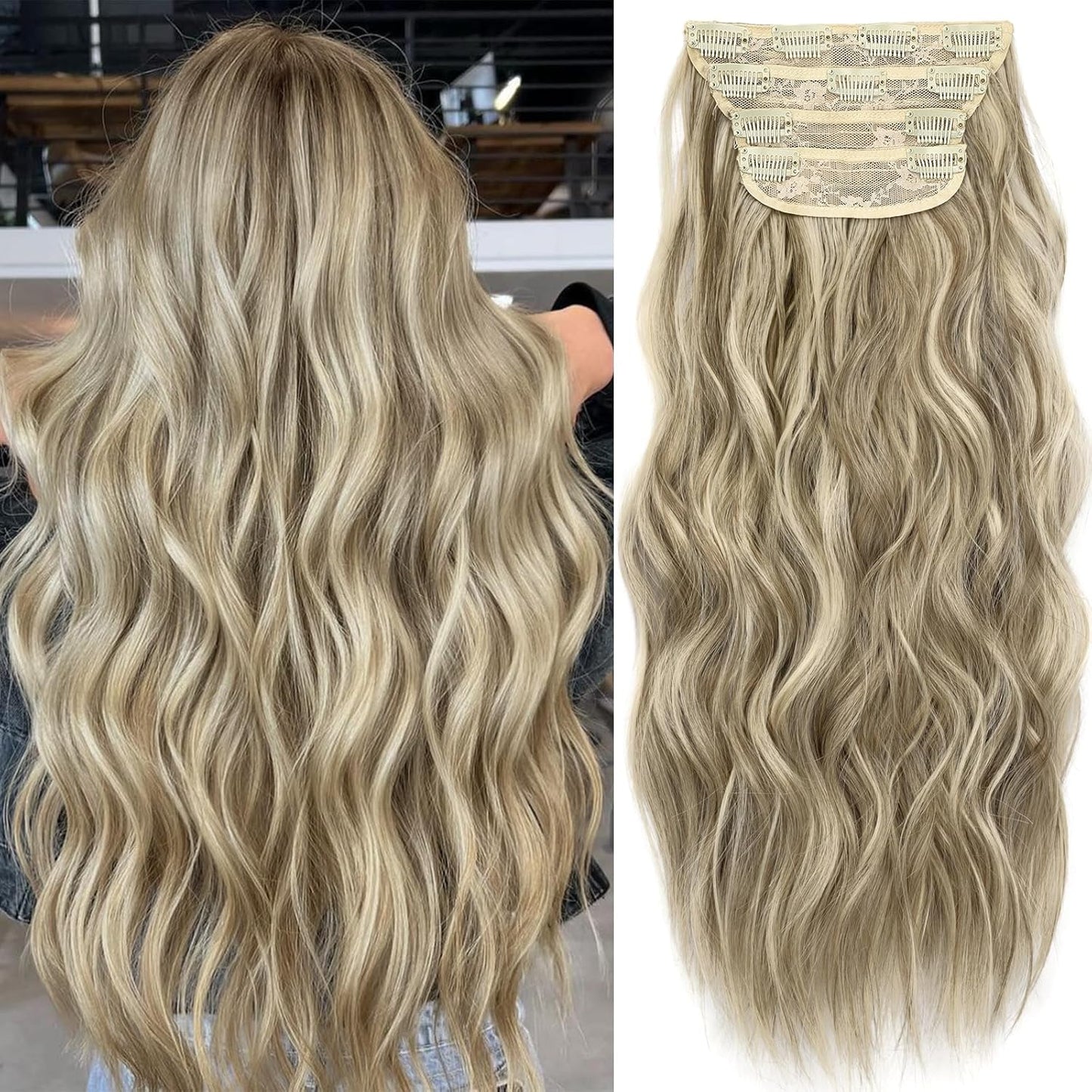 KooKaStyle Clip in Synthetic Highlight Hair Extensions Long Wavy 4PCS Thick Hairpieces Ashy Beige Blonde Balayage Fiber Double Weft Natural Hair Extensions 20 Inch for Women