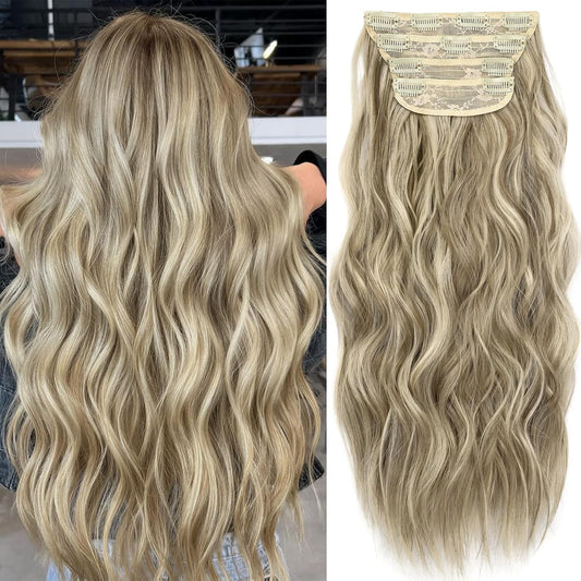 KooKaStyle Clip in Synthetic Highlight Hair Extensions Long Wavy 4PCS Thick Hairpieces Ashy Beige Blonde Balayage Fiber Double Weft Natural Hair Extensions 20 Inch for Women