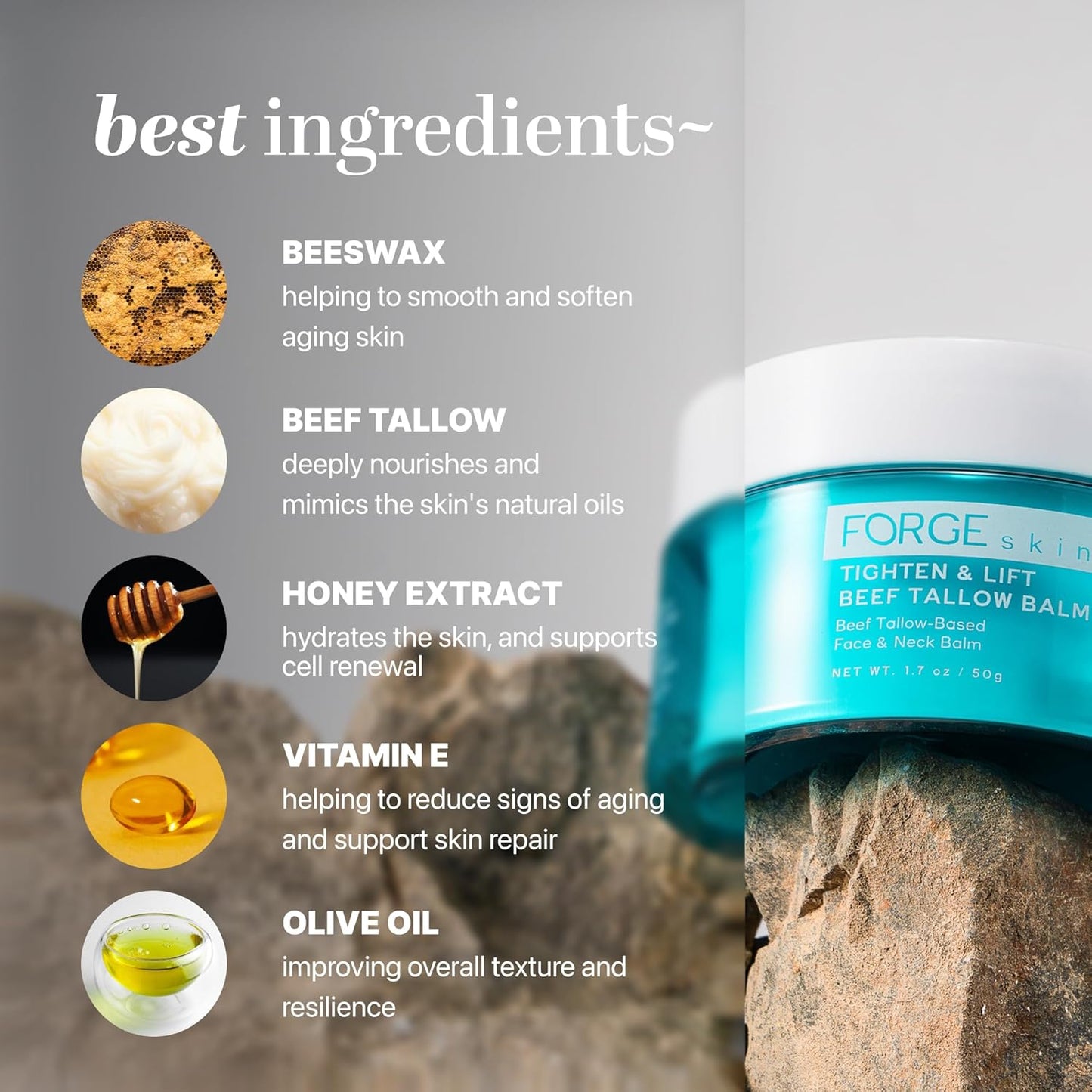 Forge Skin® Tighten & Lift Balm for Women [TALLOW-BASED] - Beef Tallow & Honey Extract Face Moisturizer - Natural Cream - Hydrating Facial Lotion - Anti Aging Skincare with Essential Oils (1.7 OZ)